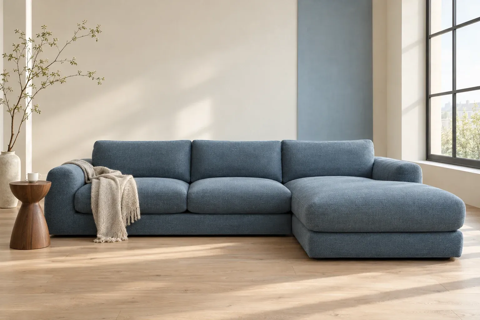 Sectional couch in a blue stretch cover