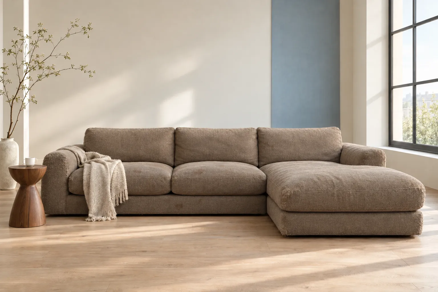 The same couch before, in worn and faded brown fabric
