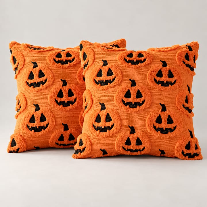 The Embroidered Plush Pumpkin Pillow Cover, Orange jack-o-lantern