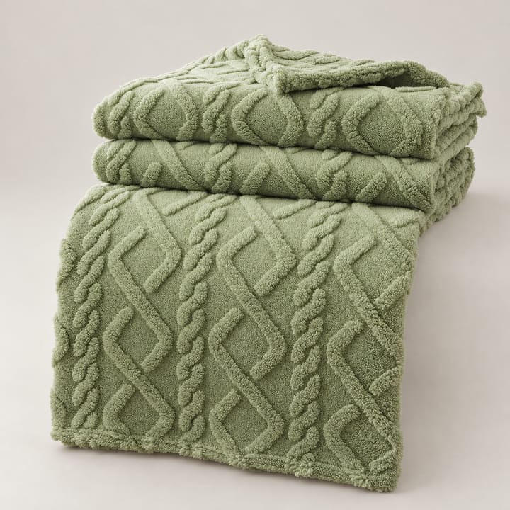 The Cable Jacquard Coral Fleece Throw, Sage green