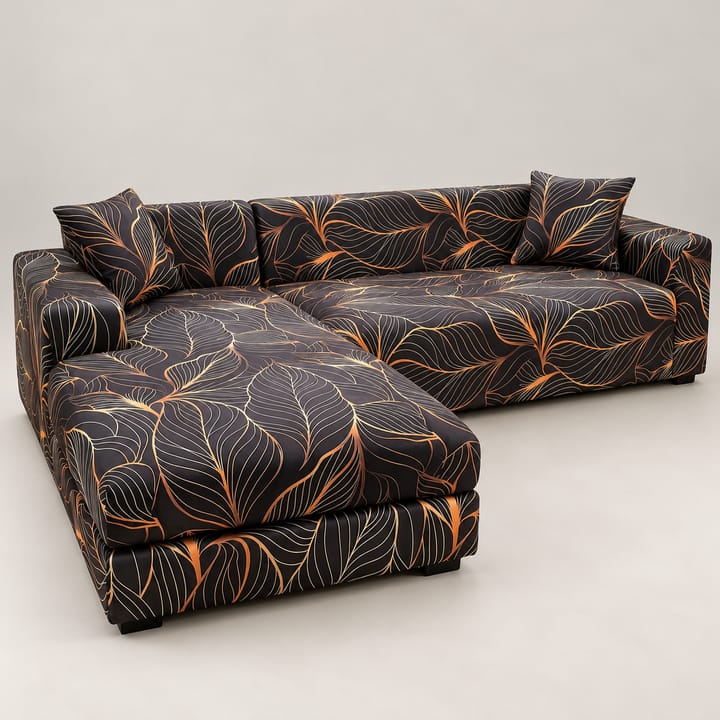 The Printed Stretch Sectional Sofa Cover, Black and gold leaf