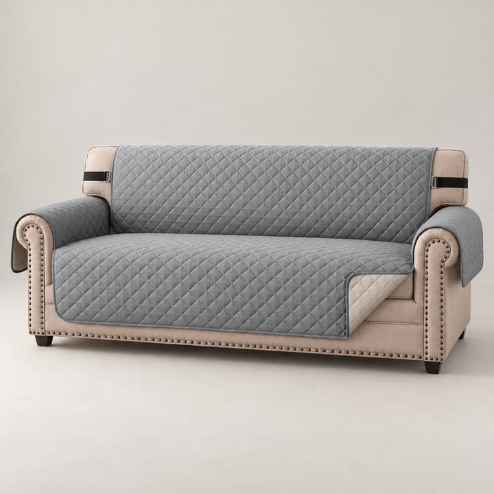 Gray quilted water-resistant protector covering a sofa's seat, back and arms