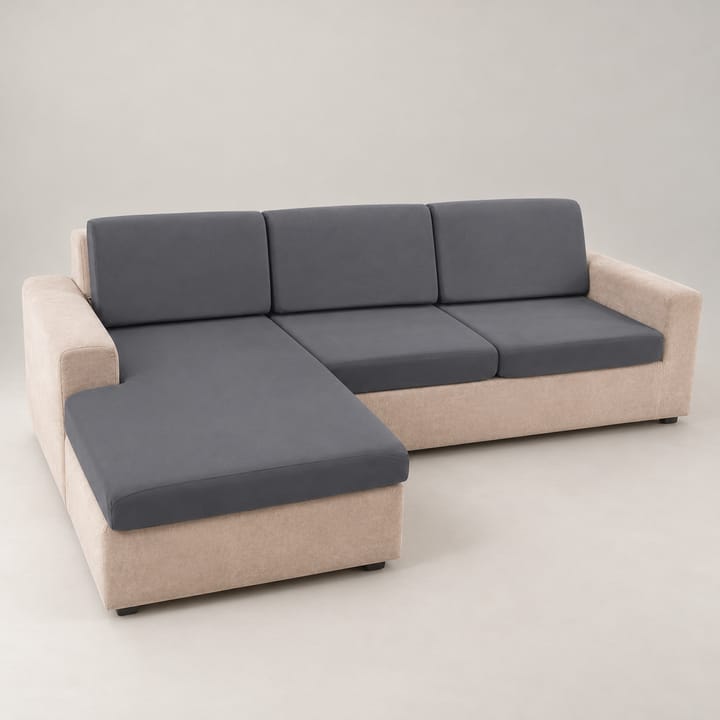 Gray water-repellent covers on the seat and back cushions of an L-shaped sofa
