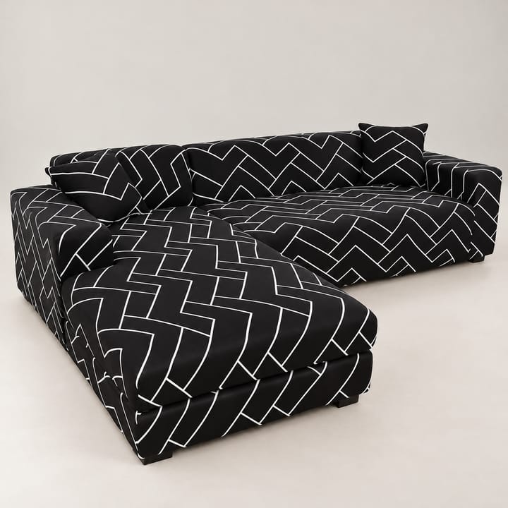 The Printed Stretch Sectional Sofa Cover, Black and white maze