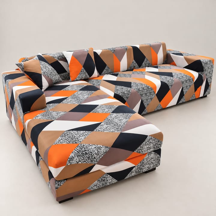 The Printed Stretch Sectional Sofa Cover, Orange and brown geometric