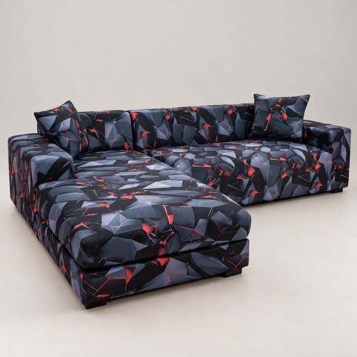 The Printed Stretch Sectional Sofa Cover, Dark geometric with red