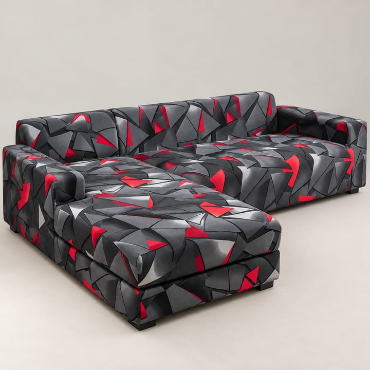 The Printed Stretch Sectional Sofa Cover, Black and red geometric