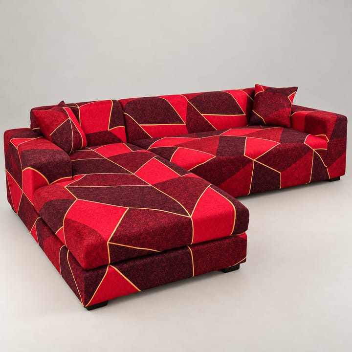 The Printed Stretch Sectional Sofa Cover, Red and burgundy geometric