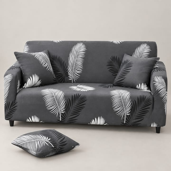 The Printed Jacquard Stretch Couch Cover, Dark gray palm leaves
