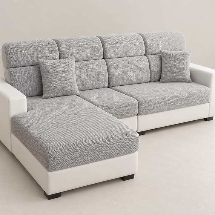 Light gray twill jacquard covers on the seat and back cushions of a sectional sofa