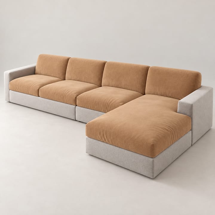 Camel velvet covers on the seat and back cushions of a large sectional sofa