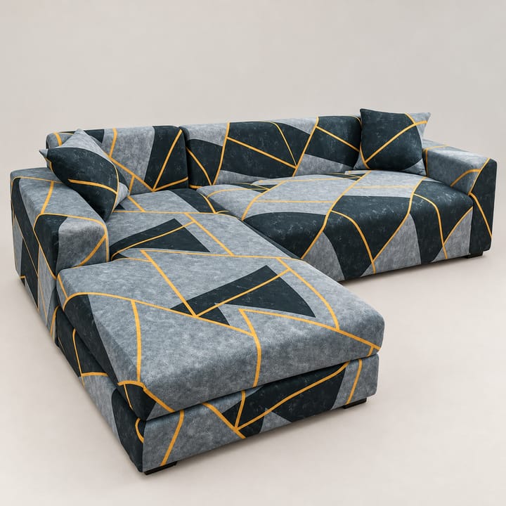 The Printed Stretch Sectional Sofa Cover, Gray and navy geometric with gold lines