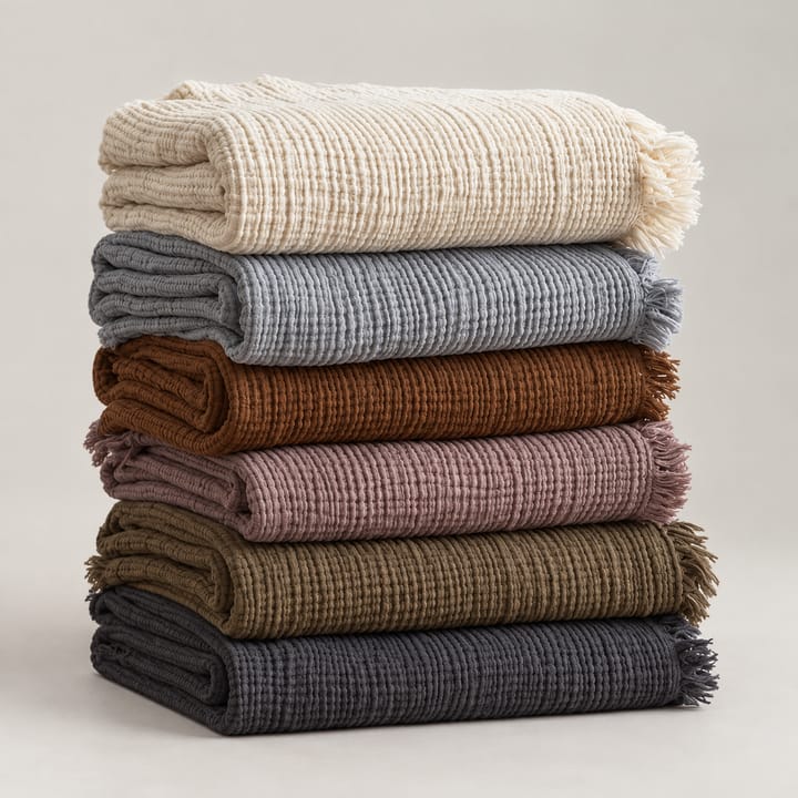 Fringed cotton gauze throws in earthy colors folded in a stack